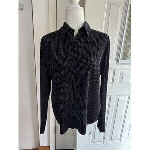 NWT Fred David Fitted Silver Dotted Navy Top, Shirttail Hem, V-Neck, Women's L